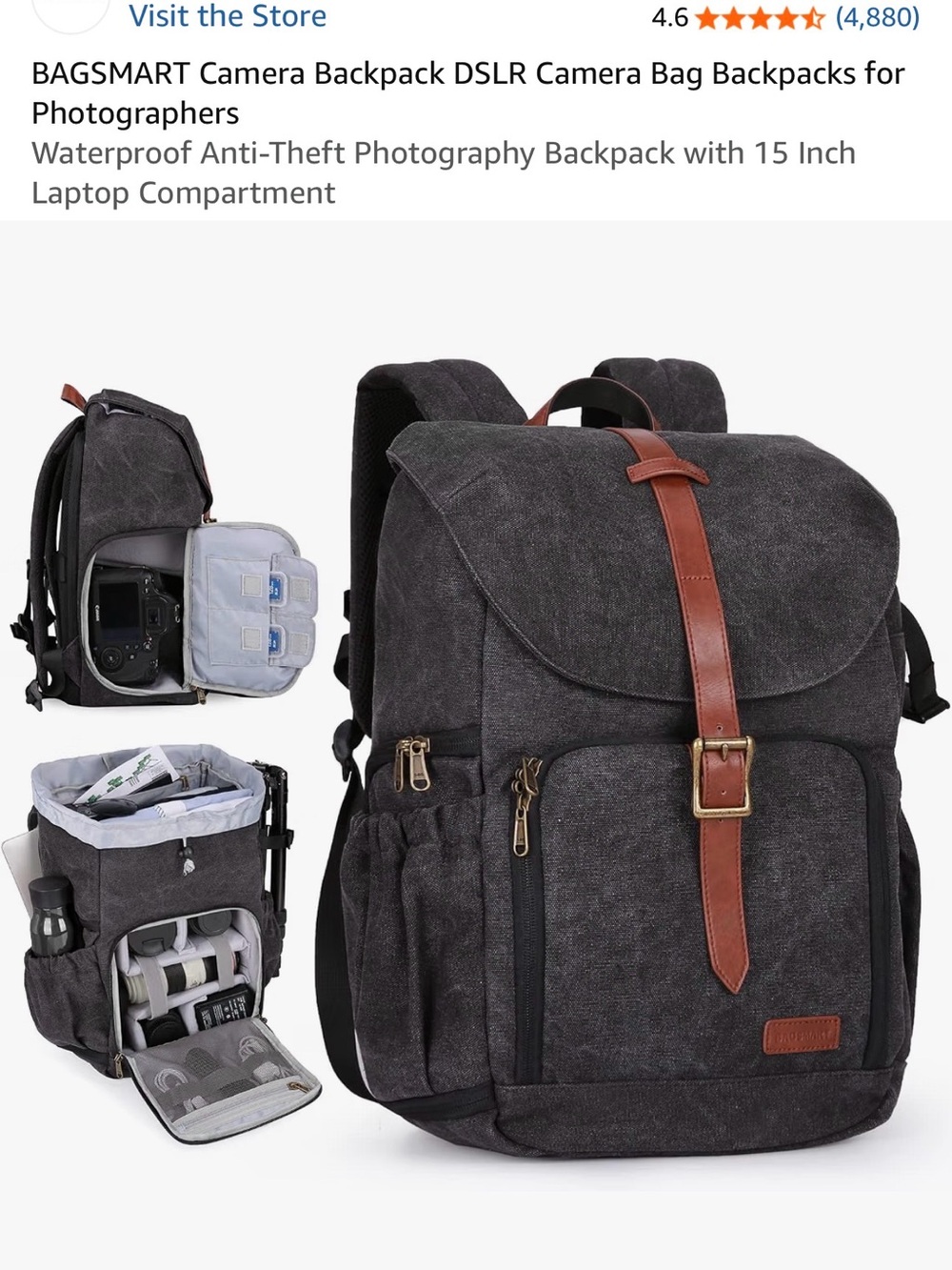 BagSmart Dark Gray Camera Backpack with Brown Accent